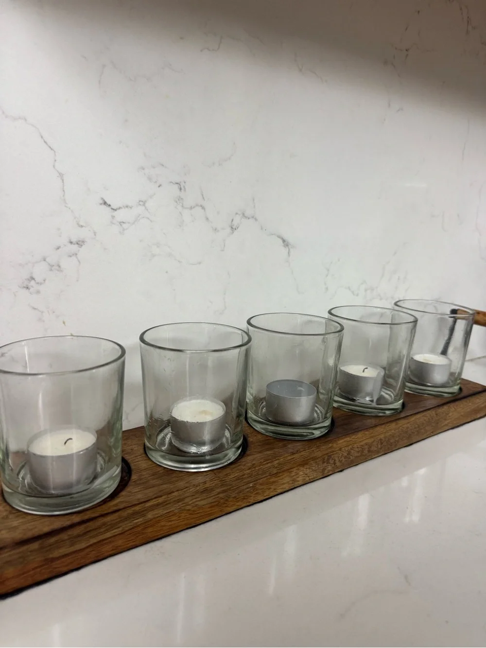 Wood Tray Tea Light Candle Holder Set with Clear Glass Votives - Clear
